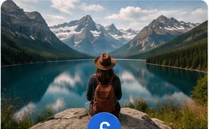 Traveller looking over a mountain lake